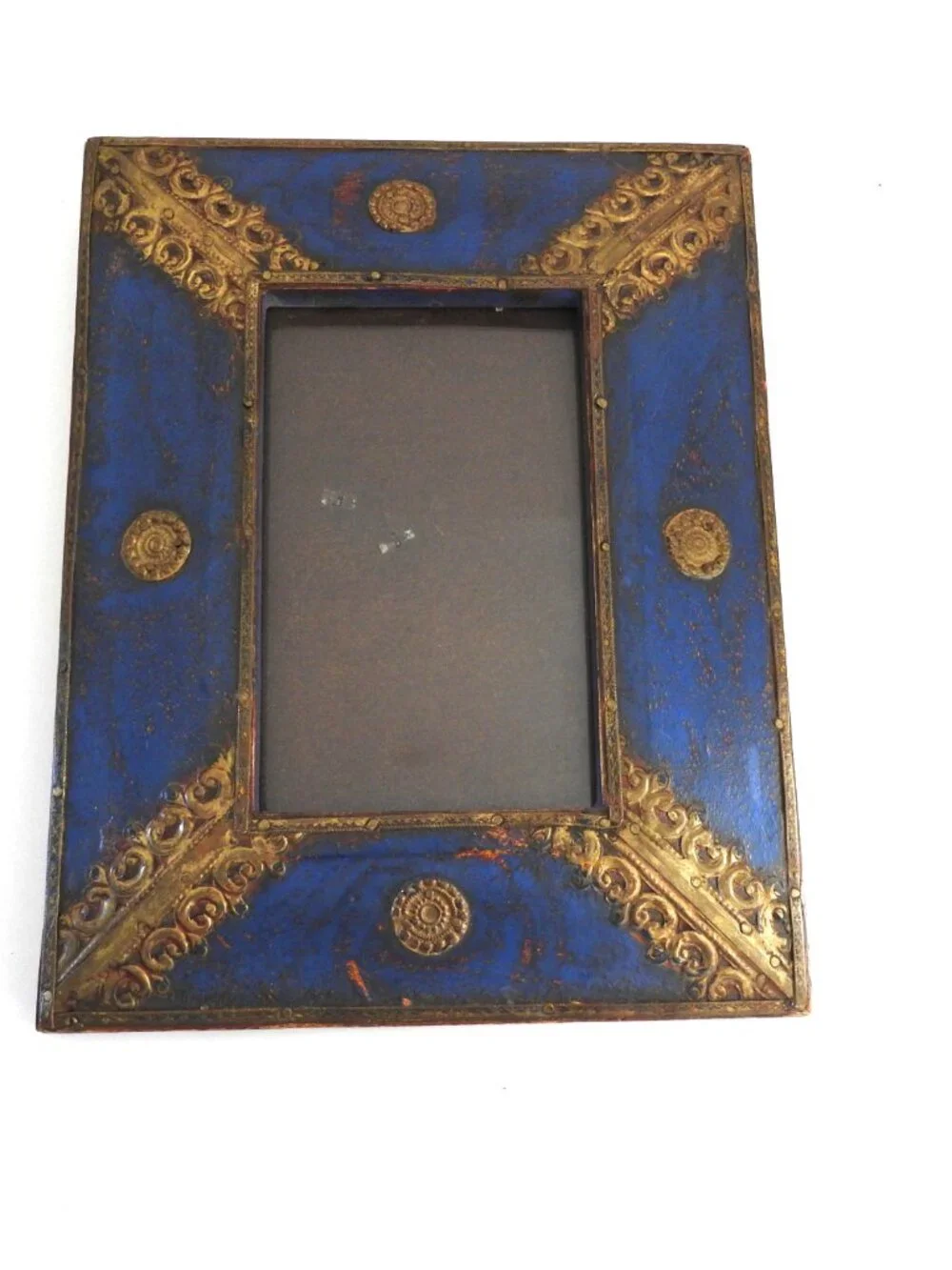 Vintage Blue Wood & Gilt Brass Ornate Picture Frame Rosette Scroll Decor